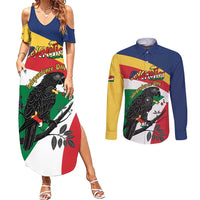 Personalized Seychelles Independence Day Couples Matching Summer Maxi Dress and Long Sleeve Button Shirt Coat Of Arms Black Parrot