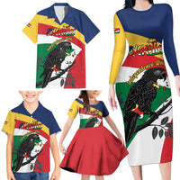 Personalized Seychelles Independence Day Family Matching Long Sleeve Bodycon Dress and Hawaiian Shirt Coat Of Arms Black Parrot