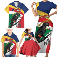 Personalized Seychelles Independence Day Family Matching Short Sleeve Bodycon Dress and Hawaiian Shirt Coat Of Arms Black Parrot