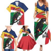 Personalized Seychelles Independence Day Family Matching Summer Maxi Dress and Hawaiian Shirt Coat Of Arms Black Parrot