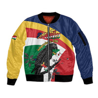 Personalized Seychelles Independence Day Sleeve Zip Bomber Jacket Coat Of Arms Black Parrot