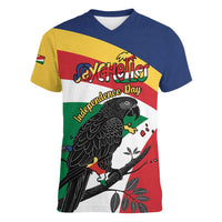 Personalized Seychelles Independence Day Women V-Neck T-Shirt Coat Of Arms Black Parrot