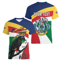 Personalized Seychelles Independence Day Women V-Neck T-Shirt Coat Of Arms Black Parrot