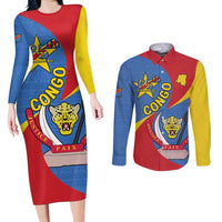 Congo-Kinshasa Couples Matching Long Sleeve Bodycon Dress and Long Sleeve Button Shirt 65th Anniversary Of Independence
