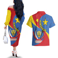 Congo-Kinshasa Couples Matching Off The Shoulder Long Sleeve Dress and Hawaiian Shirt 65th Anniversary Of Independence