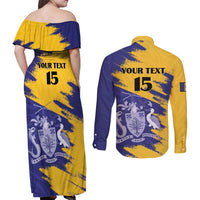 Custom Barbados Royals Cricket Couples Matching Off Shoulder Maxi Dress and Long Sleeve Button Shirt Coat Of Arms Flag Style