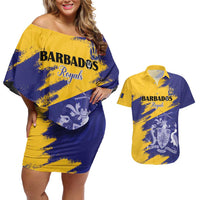 Custom Barbados Royals Cricket Couples Matching Off Shoulder Short Dress and Hawaiian Shirt Coat Of Arms Flag Style