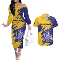 Custom Barbados Royals Cricket Couples Matching Off The Shoulder Long Sleeve Dress and Hawaiian Shirt Coat Of Arms Flag Style