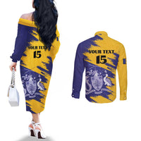 Custom Barbados Royals Cricket Couples Matching Off The Shoulder Long Sleeve Dress and Long Sleeve Button Shirt Coat Of Arms Flag Style