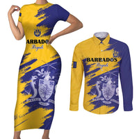 Custom Barbados Royals Cricket Couples Matching Short Sleeve Bodycon Dress and Long Sleeve Button Shirt Coat Of Arms Flag Style