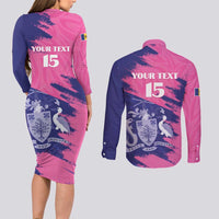 Custom Barbados Royals Cricket Couples Matching Long Sleeve Bodycon Dress and Long Sleeve Button Shirt Coat Of Arms Pink - Blue Color