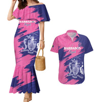 Custom Barbados Royals Cricket Couples Matching Mermaid Dress and Hawaiian Shirt Coat Of Arms Pink - Blue Color