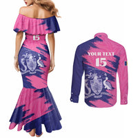 Custom Barbados Royals Cricket Couples Matching Mermaid Dress and Long Sleeve Button Shirt Coat Of Arms Pink - Blue Color