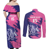 Custom Barbados Royals Cricket Couples Matching Off Shoulder Maxi Dress and Long Sleeve Button Shirt Coat Of Arms Pink - Blue Color