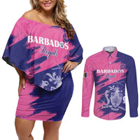 Custom Barbados Royals Cricket Couples Matching Off Shoulder Short Dress and Long Sleeve Button Shirt Coat Of Arms Pink - Blue Color