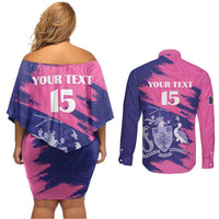 Custom Barbados Royals Cricket Couples Matching Off Shoulder Short Dress and Long Sleeve Button Shirt Coat Of Arms Pink - Blue Color