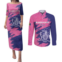 Custom Barbados Royals Cricket Couples Matching Puletasi and Long Sleeve Button Shirt Coat Of Arms Pink - Blue Color