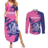 Custom Barbados Royals Cricket Couples Matching Summer Maxi Dress and Long Sleeve Button Shirt Coat Of Arms Pink - Blue Color