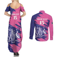 Custom Barbados Royals Cricket Couples Matching Summer Maxi Dress and Long Sleeve Button Shirt Coat Of Arms Pink - Blue Color