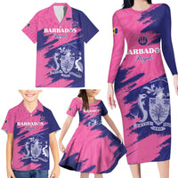 Custom Barbados Royals Cricket Family Matching Long Sleeve Bodycon Dress and Hawaiian Shirt Coat Of Arms Pink - Blue Color