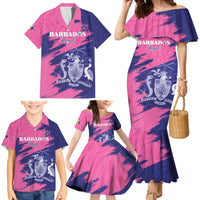 Custom Barbados Royals Cricket Family Matching Mermaid Dress and Hawaiian Shirt Coat Of Arms Pink - Blue Color