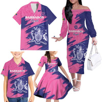 Custom Barbados Royals Cricket Family Matching Off The Shoulder Long Sleeve Dress and Hawaiian Shirt Coat Of Arms Pink - Blue Color