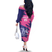Custom Barbados Royals Cricket Family Matching Off The Shoulder Long Sleeve Dress and Hawaiian Shirt Coat Of Arms Pink - Blue Color