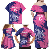 Custom Barbados Royals Cricket Family Matching Off Shoulder Maxi Dress and Hawaiian Shirt Coat Of Arms Pink - Blue Color