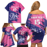 Custom Barbados Royals Cricket Family Matching Off Shoulder Short Dress and Hawaiian Shirt Coat Of Arms Pink - Blue Color