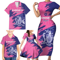 Custom Barbados Royals Cricket Family Matching Short Sleeve Bodycon Dress and Hawaiian Shirt Coat Of Arms Pink - Blue Color