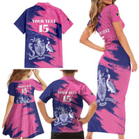 Custom Barbados Royals Cricket Family Matching Short Sleeve Bodycon Dress and Hawaiian Shirt Coat Of Arms Pink - Blue Color