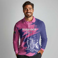 Custom Barbados Royals Cricket Long Sleeve Polo Shirt Coat Of Arms Pink - Blue Color
