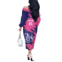 Custom Barbados Royals Cricket Off The Shoulder Long Sleeve Dress Coat Of Arms Pink - Blue Color