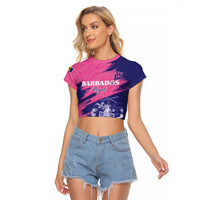 Custom Barbados Royals Cricket Raglan Cropped T Shirt Coat Of Arms Pink - Blue Color