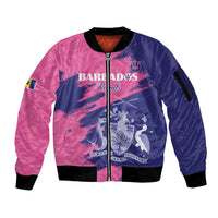 Custom Barbados Royals Cricket Sleeve Zip Bomber Jacket Coat Of Arms Pink - Blue Color