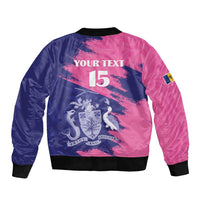 Custom Barbados Royals Cricket Sleeve Zip Bomber Jacket Coat Of Arms Pink - Blue Color