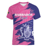 Custom Barbados Royals Cricket Women V-Neck T-Shirt Coat Of Arms Pink - Blue Color