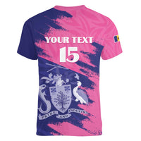 Custom Barbados Royals Cricket Women V-Neck T-Shirt Coat Of Arms Pink - Blue Color