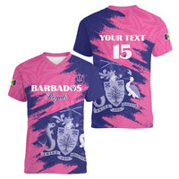 Custom Barbados Royals Cricket Women V-Neck T-Shirt Coat Of Arms Pink - Blue Color