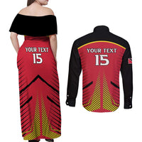 Custom Trinidad and Tobago Cricket Couples Matching Off Shoulder Maxi Dress and Long Sleeve Button Shirt Wave Yuh Flag - Trinbago Strong