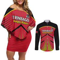 Custom Trinidad and Tobago Cricket Couples Matching Off Shoulder Short Dress and Long Sleeve Button Shirt Wave Yuh Flag - Trinbago Strong