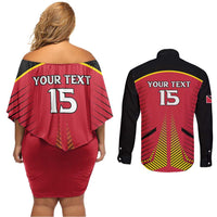 Custom Trinidad and Tobago Cricket Couples Matching Off Shoulder Short Dress and Long Sleeve Button Shirt Wave Yuh Flag - Trinbago Strong