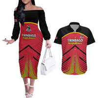 Custom Trinidad and Tobago Cricket Couples Matching Off The Shoulder Long Sleeve Dress and Hawaiian Shirt Wave Yuh Flag - Trinbago Strong