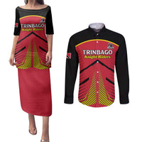 Custom Trinidad and Tobago Cricket Couples Matching Puletasi and Long Sleeve Button Shirt Wave Yuh Flag - Trinbago Strong