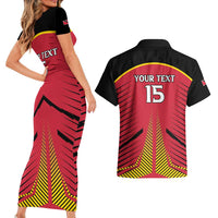 Custom Trinidad and Tobago Cricket Couples Matching Short Sleeve Bodycon Dress and Hawaiian Shirt Wave Yuh Flag - Trinbago Strong