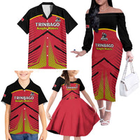Custom Trinidad and Tobago Cricket Family Matching Off The Shoulder Long Sleeve Dress and Hawaiian Shirt Wave Yuh Flag - Trinbago Strong
