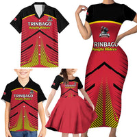 Custom Trinidad and Tobago Cricket Family Matching Short Sleeve Bodycon Dress and Hawaiian Shirt Wave Yuh Flag - Trinbago Strong