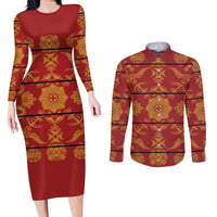 Lesotho Seanamarena Kharetsa Royal Red Couples Matching Long Sleeve Bodycon Dress and Long Sleeve Button Shirt Basotho Traditional Blanket Style - Wonder Print Shop