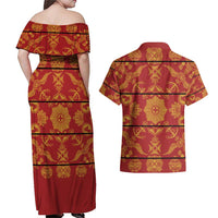 Lesotho Seanamarena Kharetsa Royal Red Couples Matching Off Shoulder Maxi Dress and Hawaiian Shirt Basotho Traditional Blanket Style - Wonder Print Shop