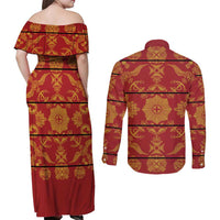 Lesotho Seanamarena Kharetsa Royal Red Couples Matching Off Shoulder Maxi Dress and Long Sleeve Button Shirt Basotho Traditional Blanket Style - Wonder Print Shop